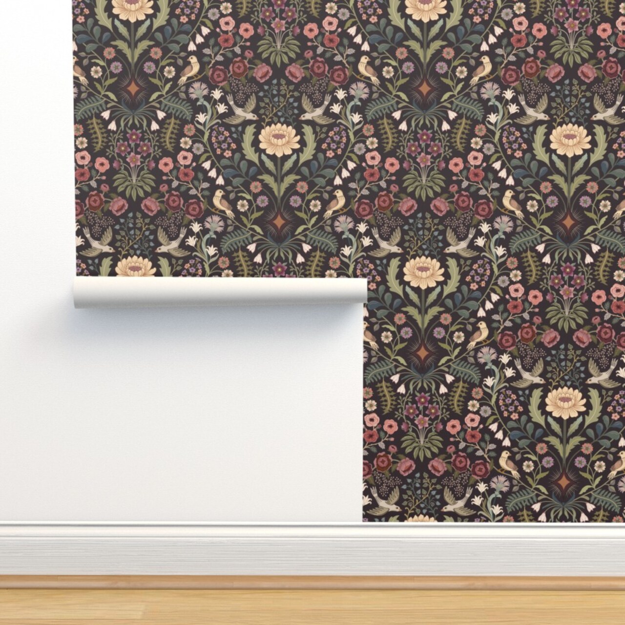 Traditional Floral Folk Art Birds Victorian Green Pinks Burgundy Extra Large Custom Removable Wallpaper by Spoonflower Peel & Stick Wallpaper 2FT Wide